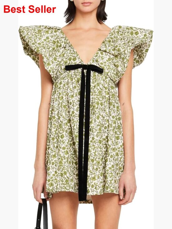 Dresses & Skirts - Floral Print Mini Dress with Puff Sleeves and Bow Detail